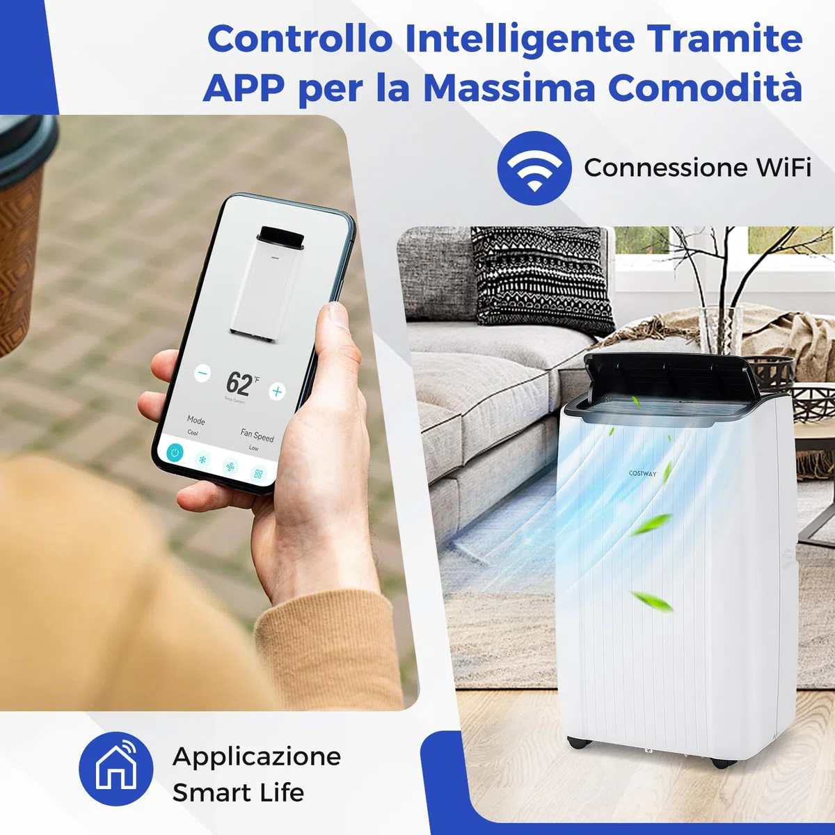 COSTWAY Condizionatore Portatile Caldo e Freddo, 14000BTU/4kW, 6 in 1 Con Raffreddamento, Riscaldamento, Ventola, Deumidificazione, Modalità Notturna e WiFi, 24H Timer, R290 (14000, BTU)