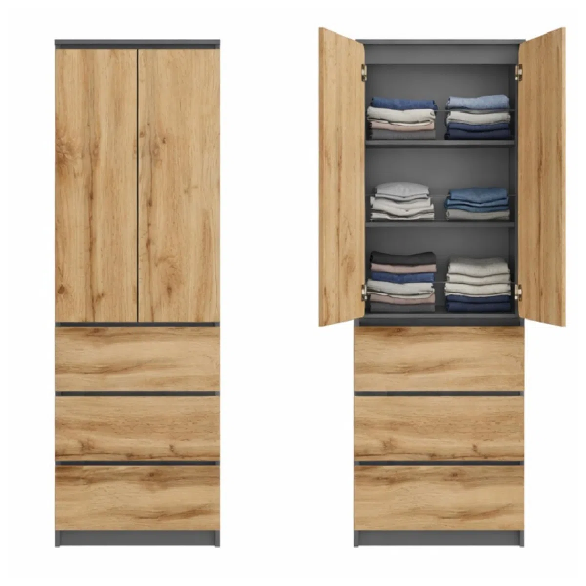 Home Collective Armadio multiuso a 2 ante con 3 ripiani e 3 cassetti | Armadio per camera da letto, ingresso o ufficio | 50x40x180 cm (LxPxA) | Antracite/Rovere