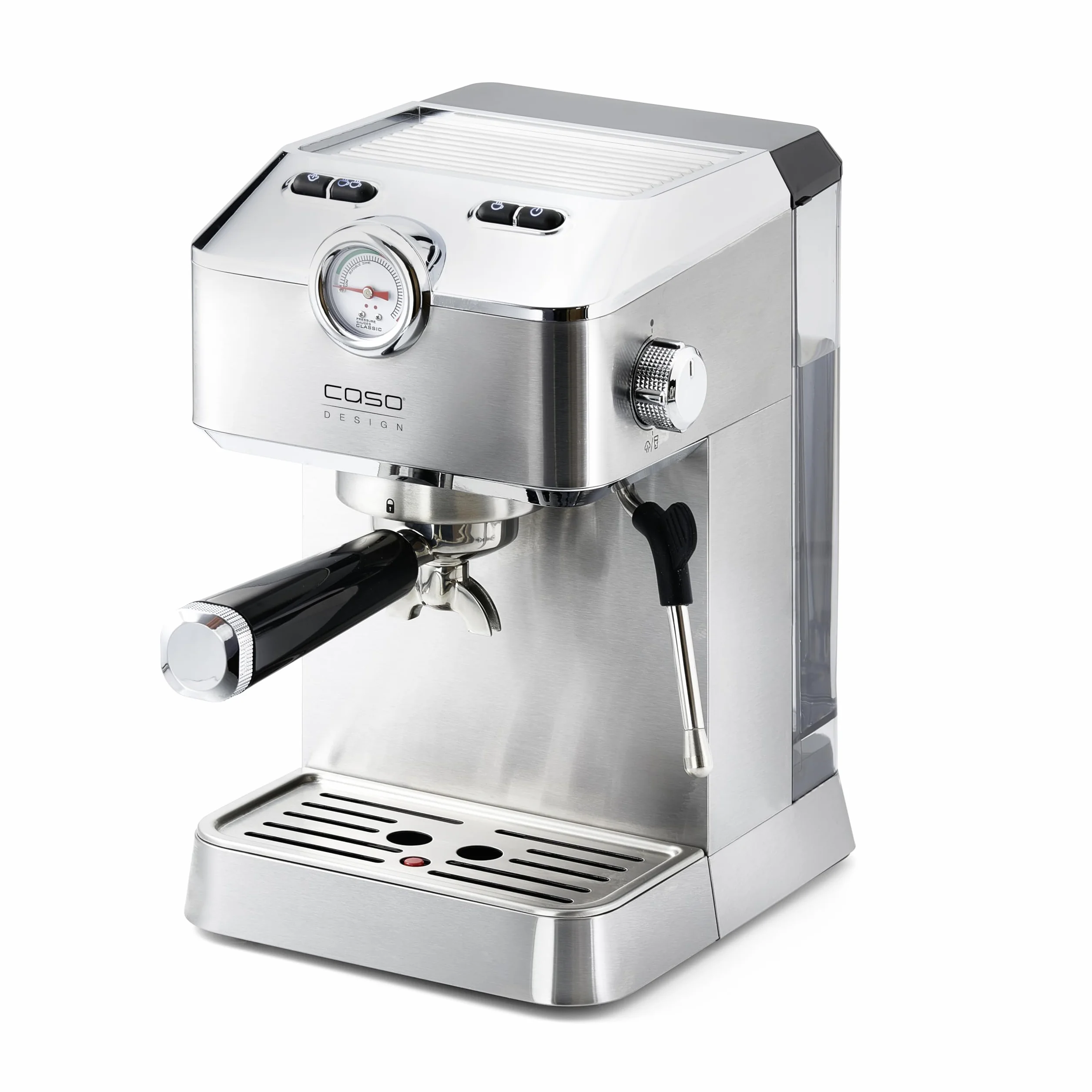 Caso Espresso Gourmet - Macchina portafiltro in acciaio inox, potente pompa Ulka da 19 bar, con montalatte, per caffè o cialde di caffè ESE, per 2 tazze, con piastra riscaldante