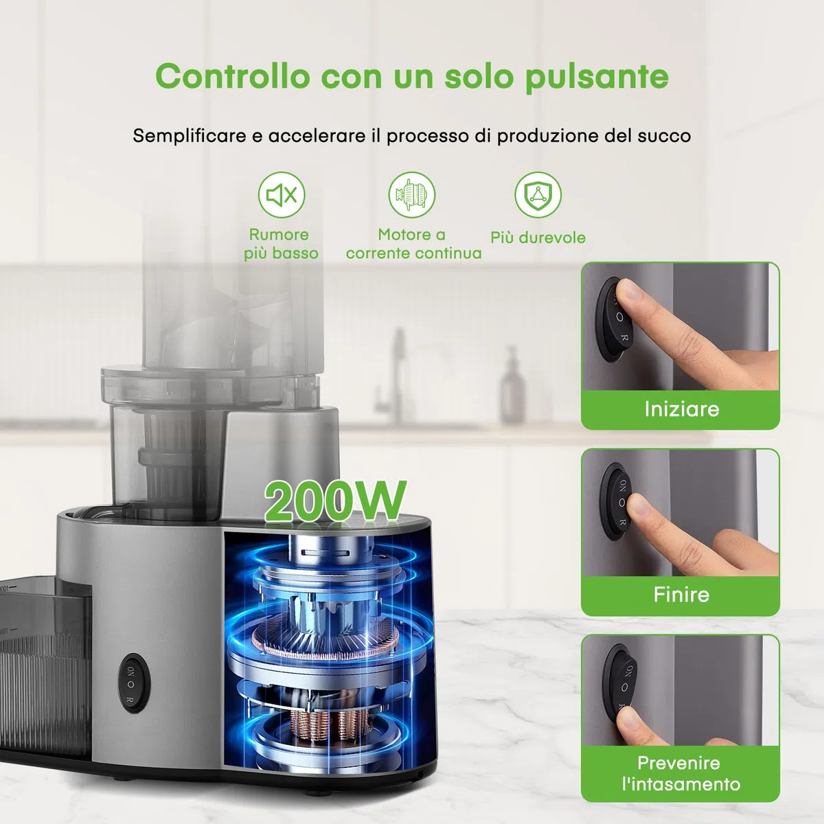 Estrattore Frutta e Verdura con 119MM Senza Preparazione , Estrattore di Succo a Freddo con 200W Motore Silenzioso e Funzione Inversa che, Facile da Pulire con un Pennello