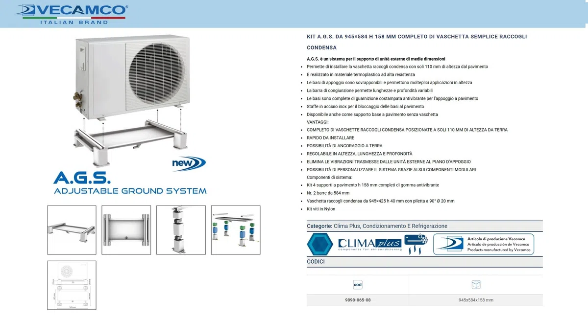 Vecamco Kit Supporto Unità Esterna Climatizzatore con Vaschetta Raccogli Condensa 945 x 584 x H158 mm, Base Antivibrante Regolabile per Motore Condizionatore, A.G.S.