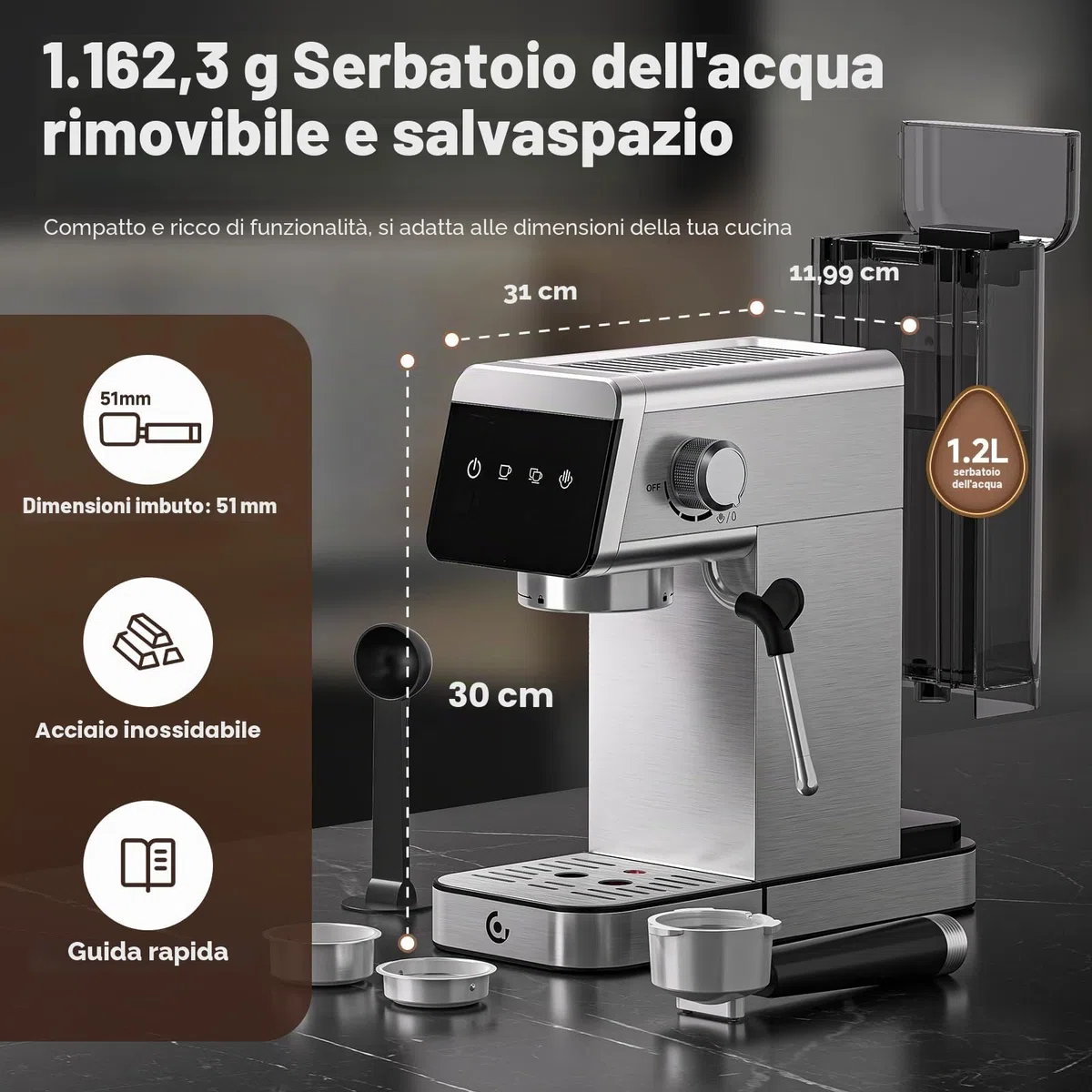 AMZCHEF Macchina per caffè espresso 20 bar con indicatore LED Home 2 in 1 con serbatoio rimovibile da 1,2 l, per regali domestici, compatta in acciaio inox, 1350 W