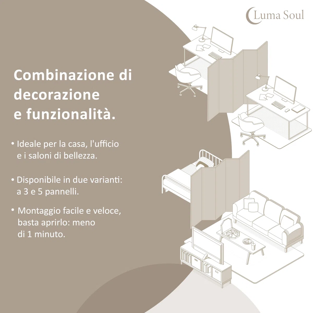 Separe Divisorio Interno Bifacciale - Paravento da Interno 5 Pannelli Divisorio per Ambienti - Divisori per Interni con Motivo Feuilles - 225x172 cm