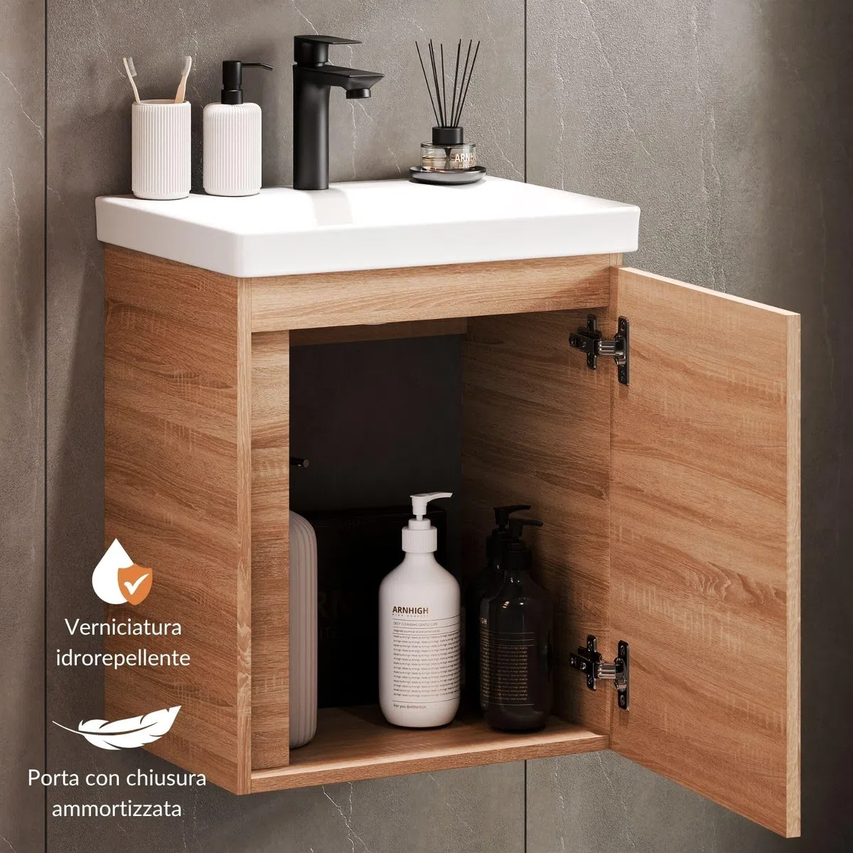 Planetmöbel Mobile sottolavabo 50 cm con specchio da bagno con illuminazione ovale, set di mobili da bagno con lavabo, sospeso, rovere Sonoma