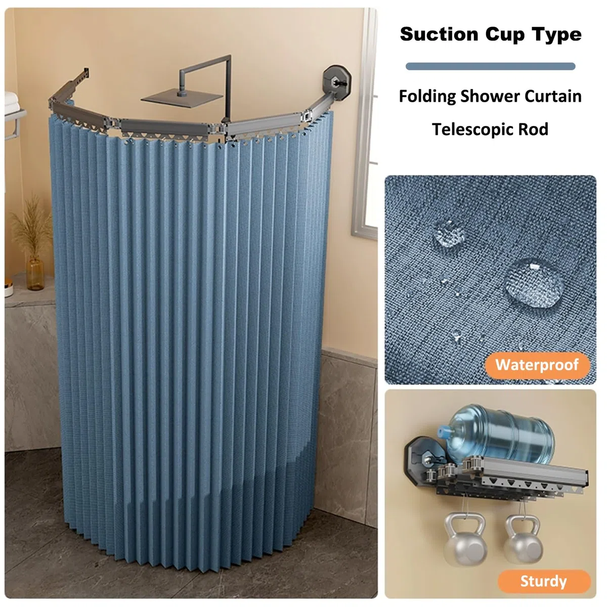 Tenda Doccia Angolare Antimuffa Tessuto in Lino - Tenda da Doccia Pieghevole con Asta Tenda Telescopica Doccia, Tende per Doccia Shower Curtain, Fissaggio a Ventosa