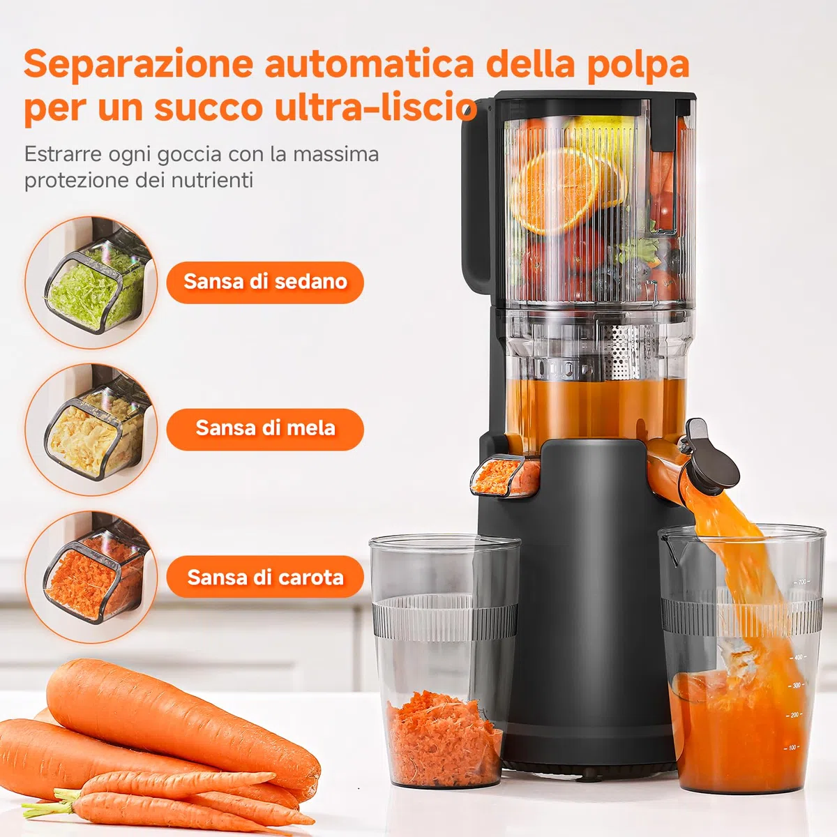 AOBOSI Estrattore frutta e verdura, 135MM XXL Grande Canale di Alimentazione per Frutta e Verdura Intere - Capacità 1,5L, 200 W Slow juicer, Triplo Filtro