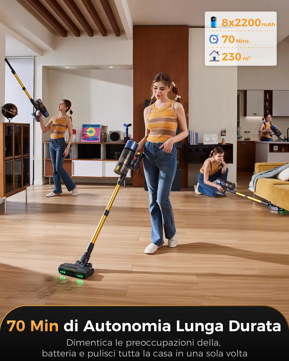 Proscenic P15+ Aspirapolvere Senza Fili, 580W/70 Min/55Kpa Scopa Elettrica Senza Fili Potente, Asta Telescopica Regolabile e Design Autoportante, Tecnologia GreenEye, per Pavimenti/Tappeti