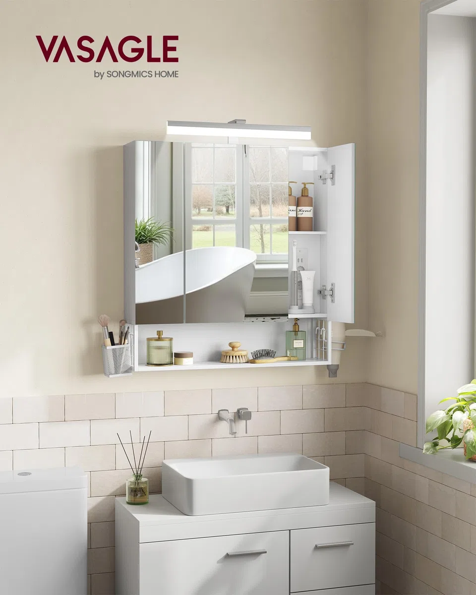 VASAGLE Mobile da Bagno con Illuminazione LED, 16,5 x 70 x 75 cm, Cestino Sospeso, Supporto per Asciugacapelli, per Lavabo, Bianco Nuvola BBK126W01