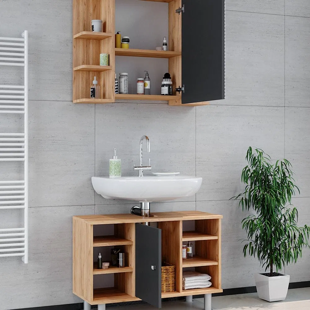 Vicco Set mobili bagno Fynn, Rovere dorato, 60 cm, composto da specchio da bagno e mobile sottolavabo