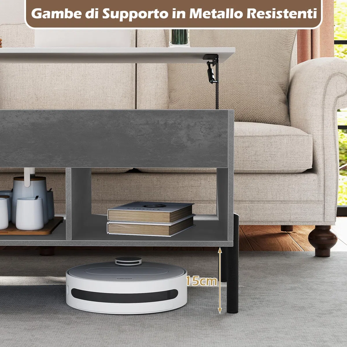 COSTWAY Tavolino da Caffè Sollevabile, Tavolo da Salotto con Piano Sollevabile, Ampio Comparto Nascosto, 3 Scomparti Aperti e Gambe in Metallo, Ideale per Salotto e Ufficio (Grigio)