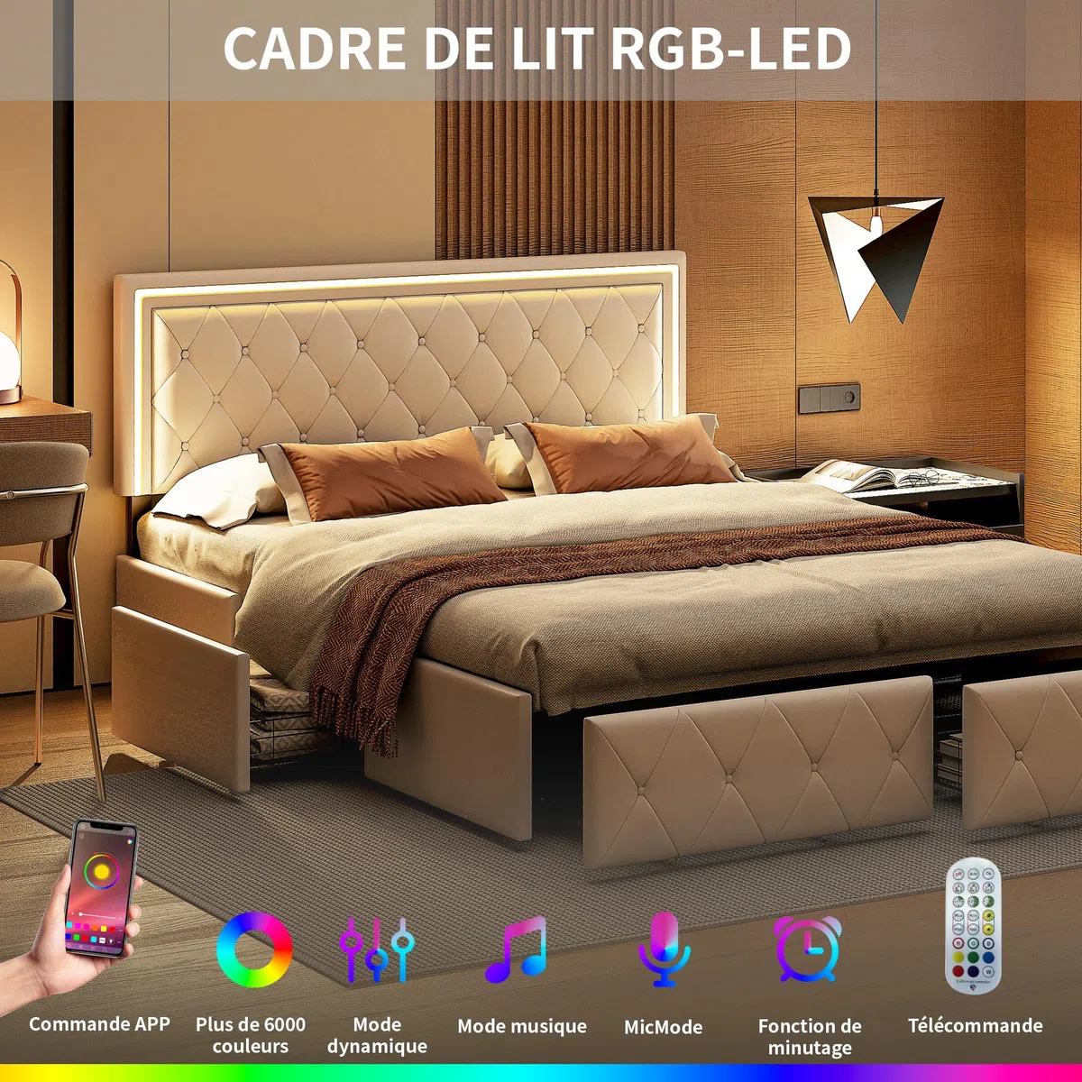 Letto imbottito 160 x 200 cm con illuminazione a LED, letto matrimoniale con 4 cassetti di stoccaggio, telaio letto matrimoniale con rete a doghe, letto cassetto, Beige bianco