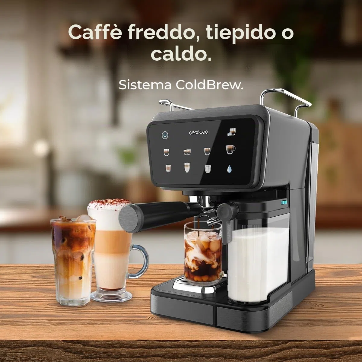 Cecotec Macchine da Caffè Espresso Semiautomatiche Power Espresso Touch ColdBrew Latte. 1350W, 20 Bar, Freddo, Tiepido, Caldo, Schermo Tattile, Serbatoio Acqua 1.5L, Latte 500ml, Doppio Braccio