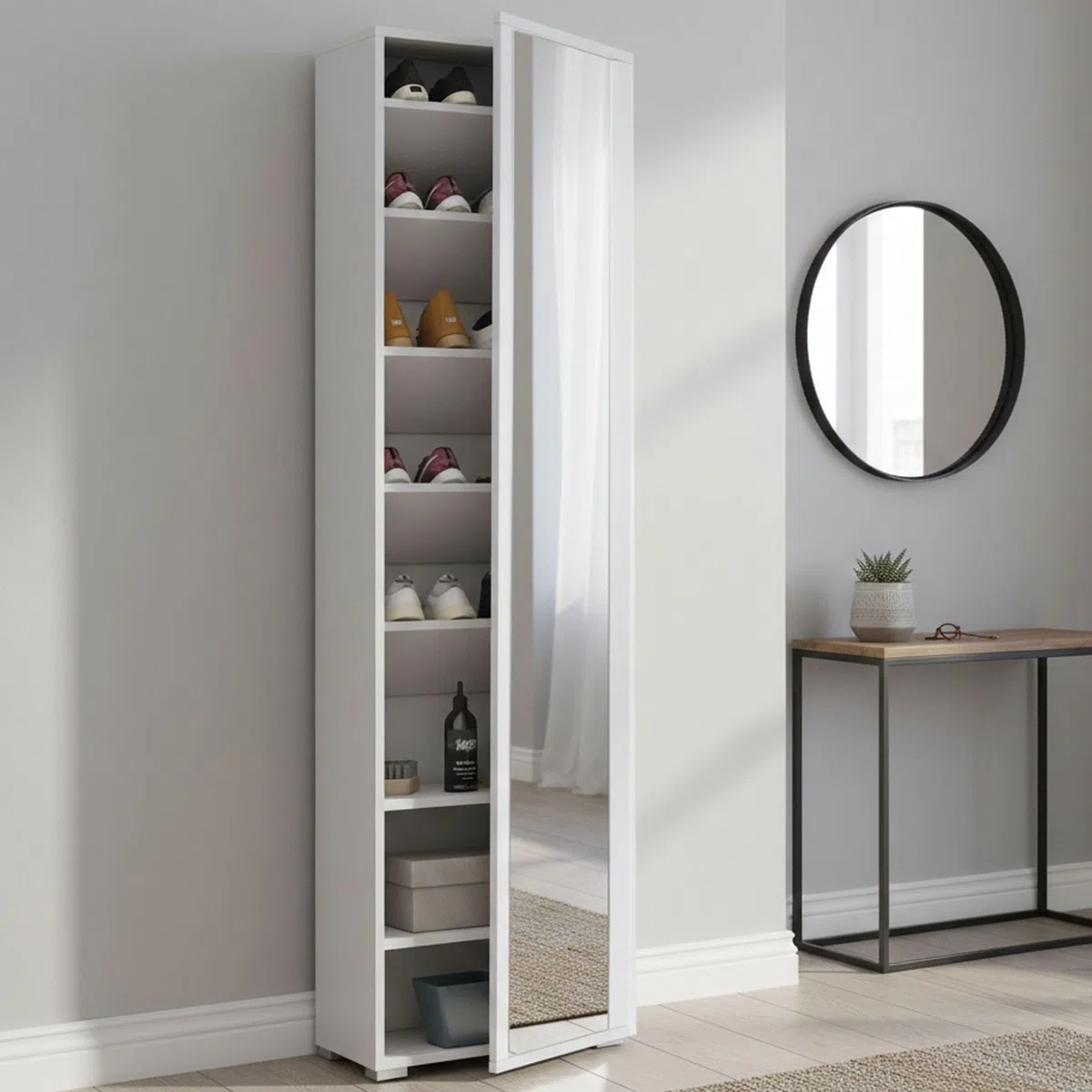 Dmora - Scarpiera Datura, Mobile multiuso da ingresso con anta a specchio , Armadio moderno portascarpe a 7 ripiani, 100% Made in Italy, 50x32hx182 cm, Bianco