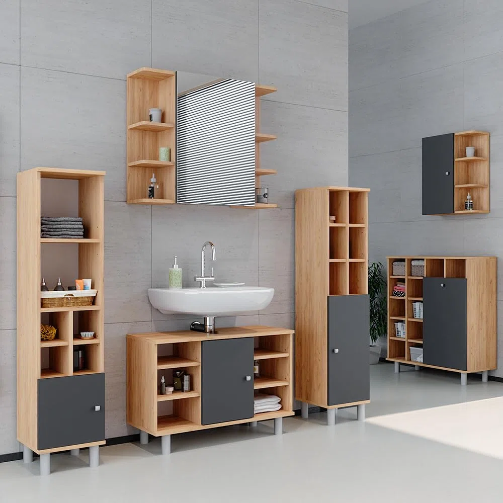 Vicco Set mobili bagno Fynn, Rovere dorato, 60 cm, composto da specchio da bagno e mobile sottolavabo