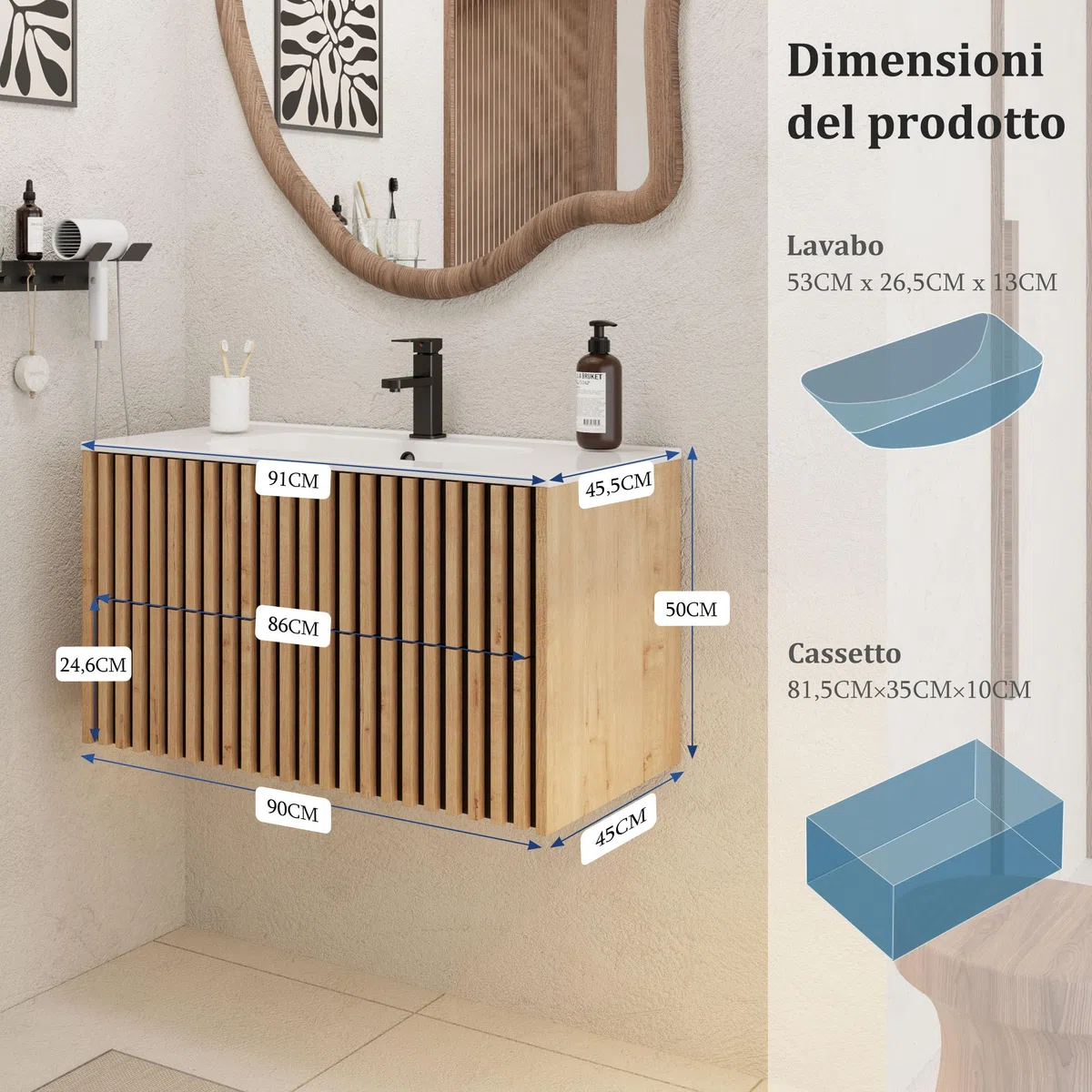 UEV Mobiletto Bagno Sospeso da 90CM con Lavabo in Ceramica, Mobiletti Lavabo Incluso con 2 Cassetti da Archiviazione, Lavadino Bagno con Mobile Moderno e Pratico, Bianco Avorio