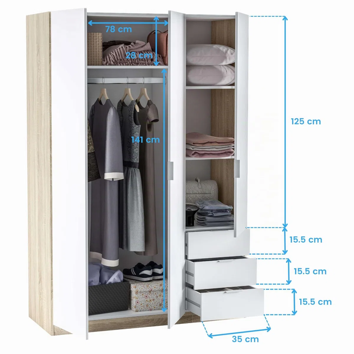 Armadio con tre ante e tre cassetti, finitura rovere canadese/bianco, dimensioni 121 cm (L) x 180 cm (A) x 52 cm (P)