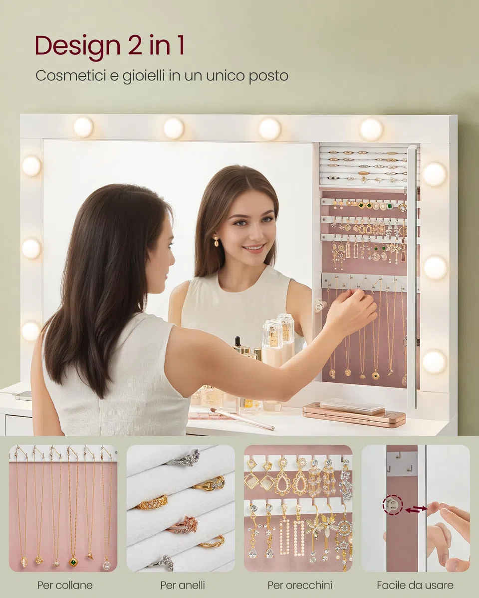 VASAGLE KAILYN Collezione - Toeletta da Trucco con Luce LED e Sgabello, Postazione Trucco con Specchio, Portagioielli, Stazione di Ricarica, 40 x 125 x 140 cm, con Cassetti, Bianco Nuvola RDT127WB01