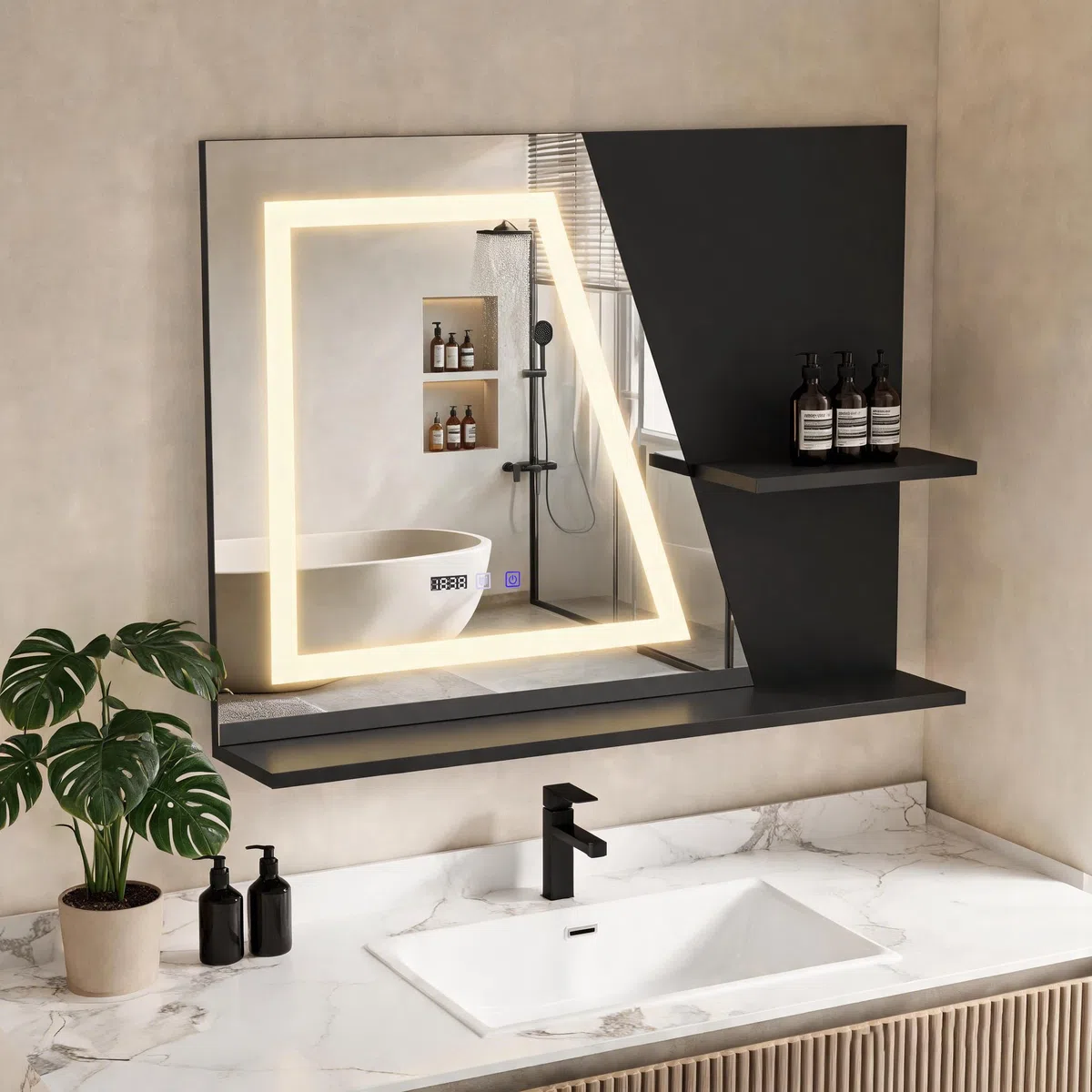 YU YUSING Specchio Bagno LED 80x60 cm con 2 Ripiani, Specchio da Parete con Led, 3 Colori, Luce Regolabili, Contro Touch, Display dell'Ora e Temperatura, Antiappannamento, IP44, Moderno, Nero
