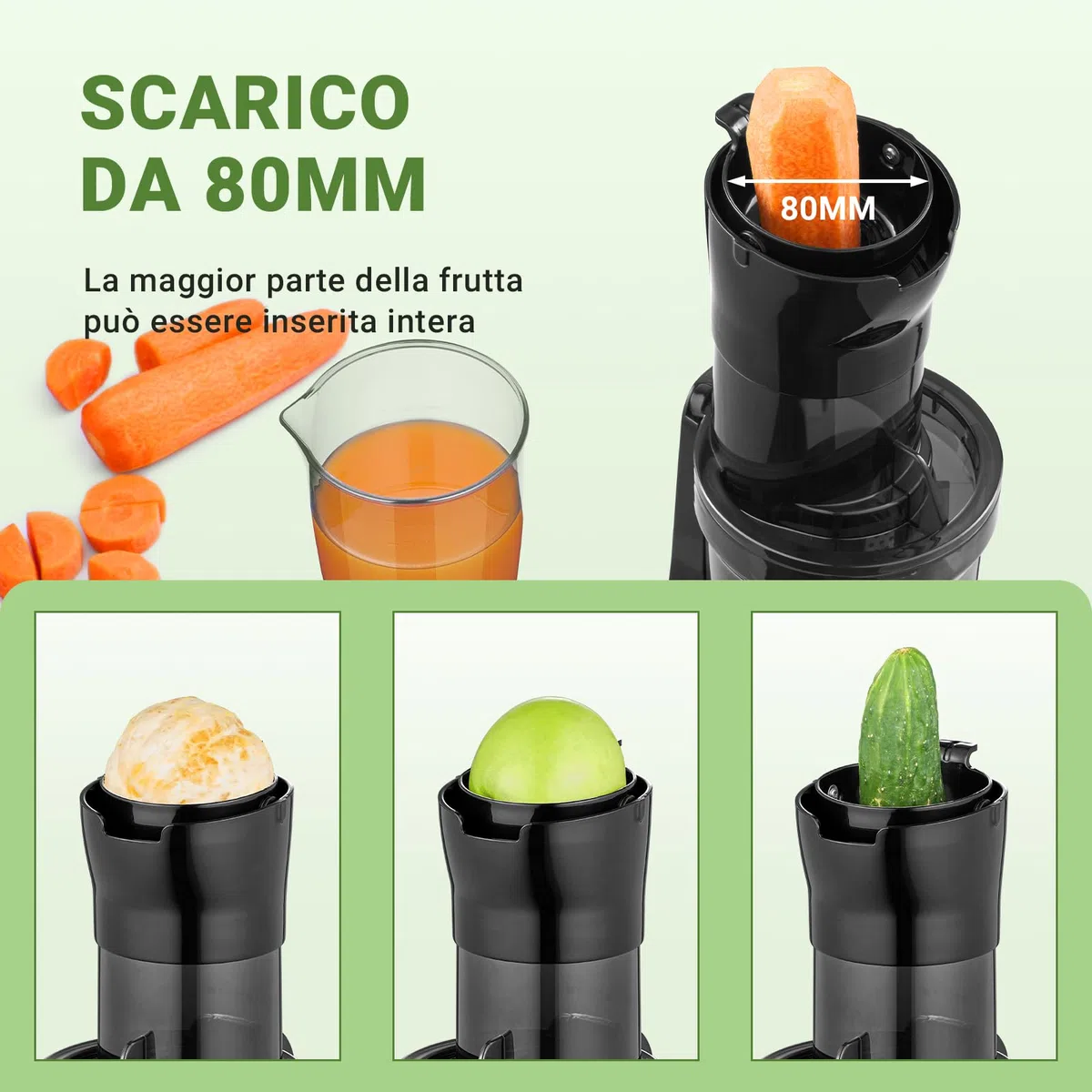 AMZCHEF Estrattore Frutta E Verdura Per Tutta La Frutta - Estrattore A Freddo Frutta E Verdura Con 80MM Scivolo Alimentare, Coclea Potenziata, Filtro A Doppio Strato, Motore Silenzioso - Argento
