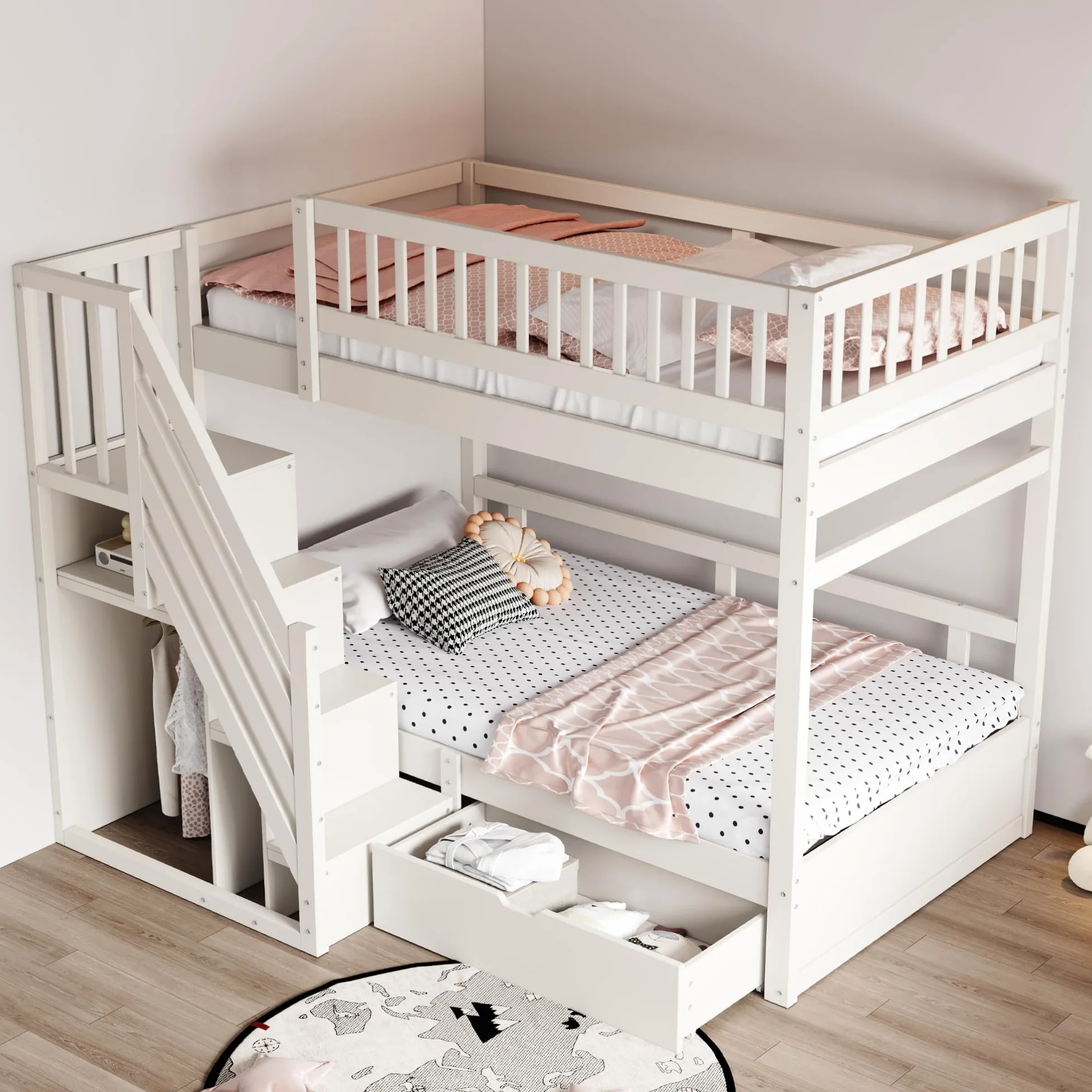 Letto a castello 90x200, letto per bambini con scala e armadio, letto a soppalco con cassetti, rete a doghe in legno, bianco, senza materasso