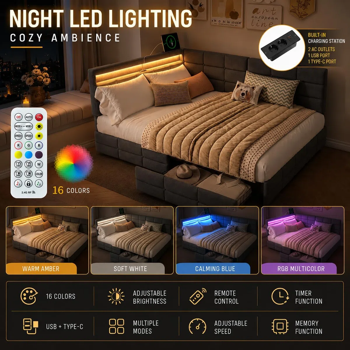 BRILVERDE Letto Contenitore 140x190 con Cassetti, Letto imbottito con luce LED/USB, Divano letto con Testiera contenitore, con Rete a Doghe, Lino(Grigio, 140 x 190 cm)