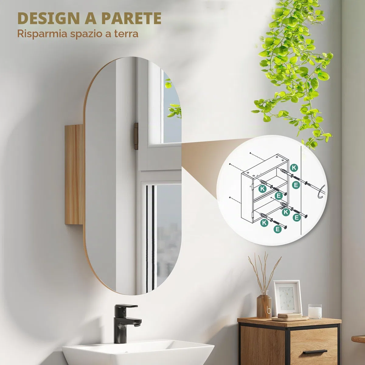HOMCOM Mobile da parete per bagno con specchio ovale, 45 x 90 cm, mobili da bagno moderni, design senza cornice, specchio con contenitore, legno naturale