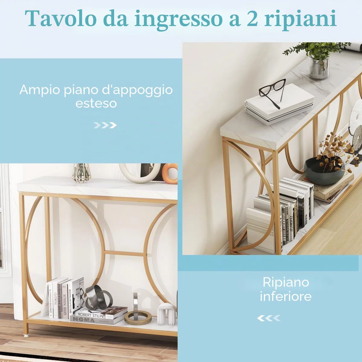 LIFEZEAL Consolle Ingresso Dorato, Lungo, 180x30x80cm, Tavolo Consolle a 2 Ripiani, con Effetto di Marmo, Moderno, Decorativo, Console Entrata, Corridoio, in Legno, Metallo, Max 50 kg, Oro e Bianco