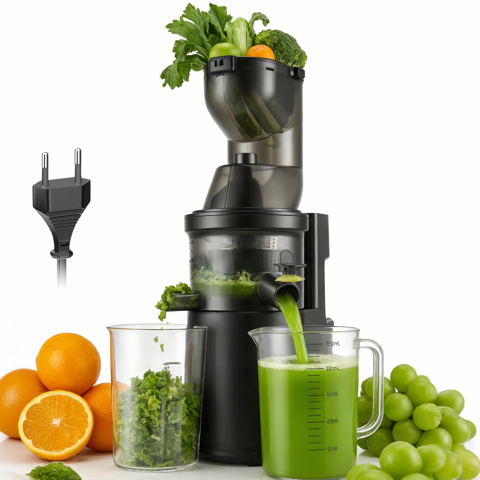 Spremiagrumi a Lenta Estrazione 500W, Spremitore Elettrico con Bocca di Alimentazione Larga 125mm,Estrattore di Succo per Verdura e Frutta,Top per Frutta Intera e Verdura,Senza BPA,Nero