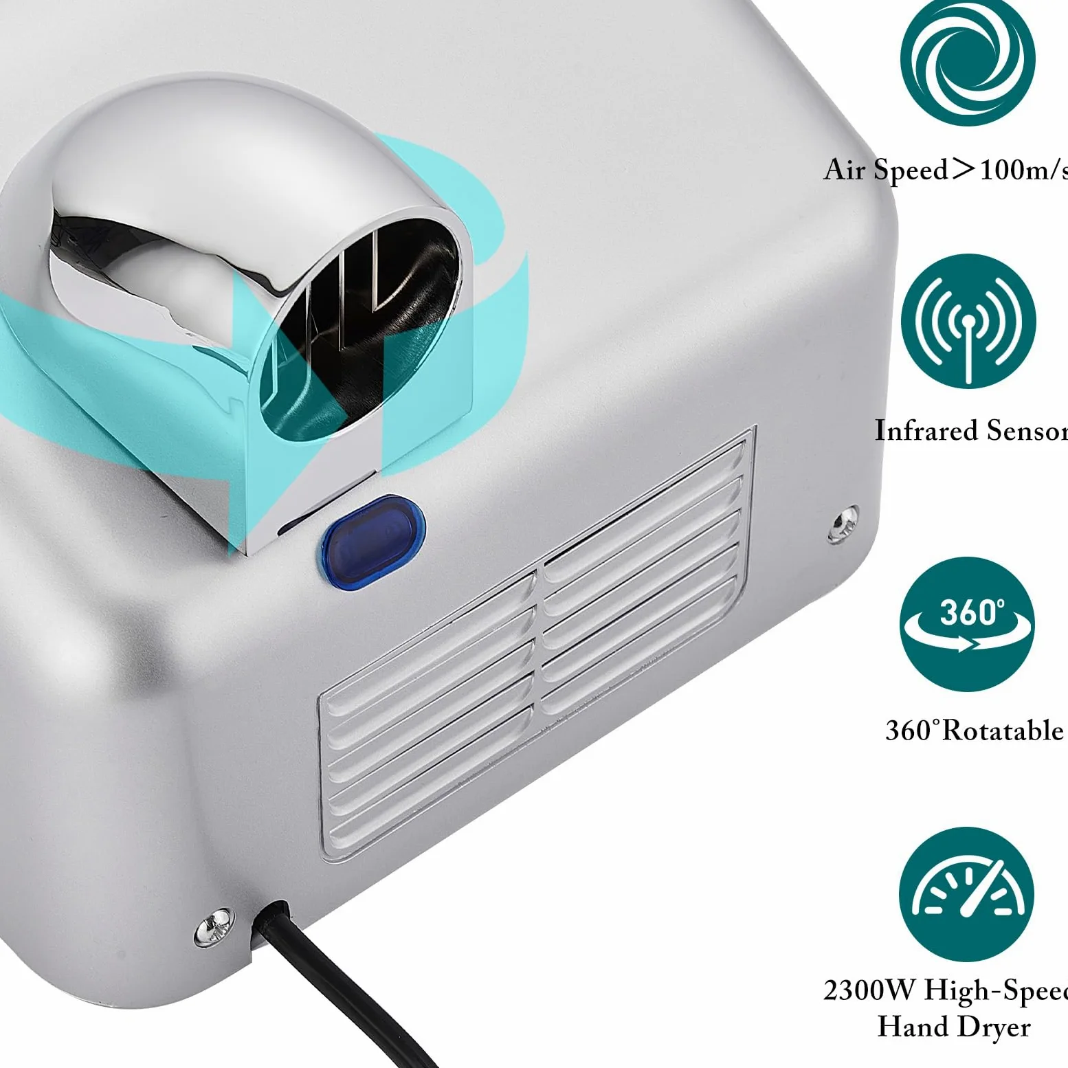 Asciugamani Elettrico Commerciale, Seche Main Electrique ad Alta velocità in per Uso Intensivo, da Parete, per Bagno e Servizi Igienici, Ecologico, 2300 W, 220V-240V