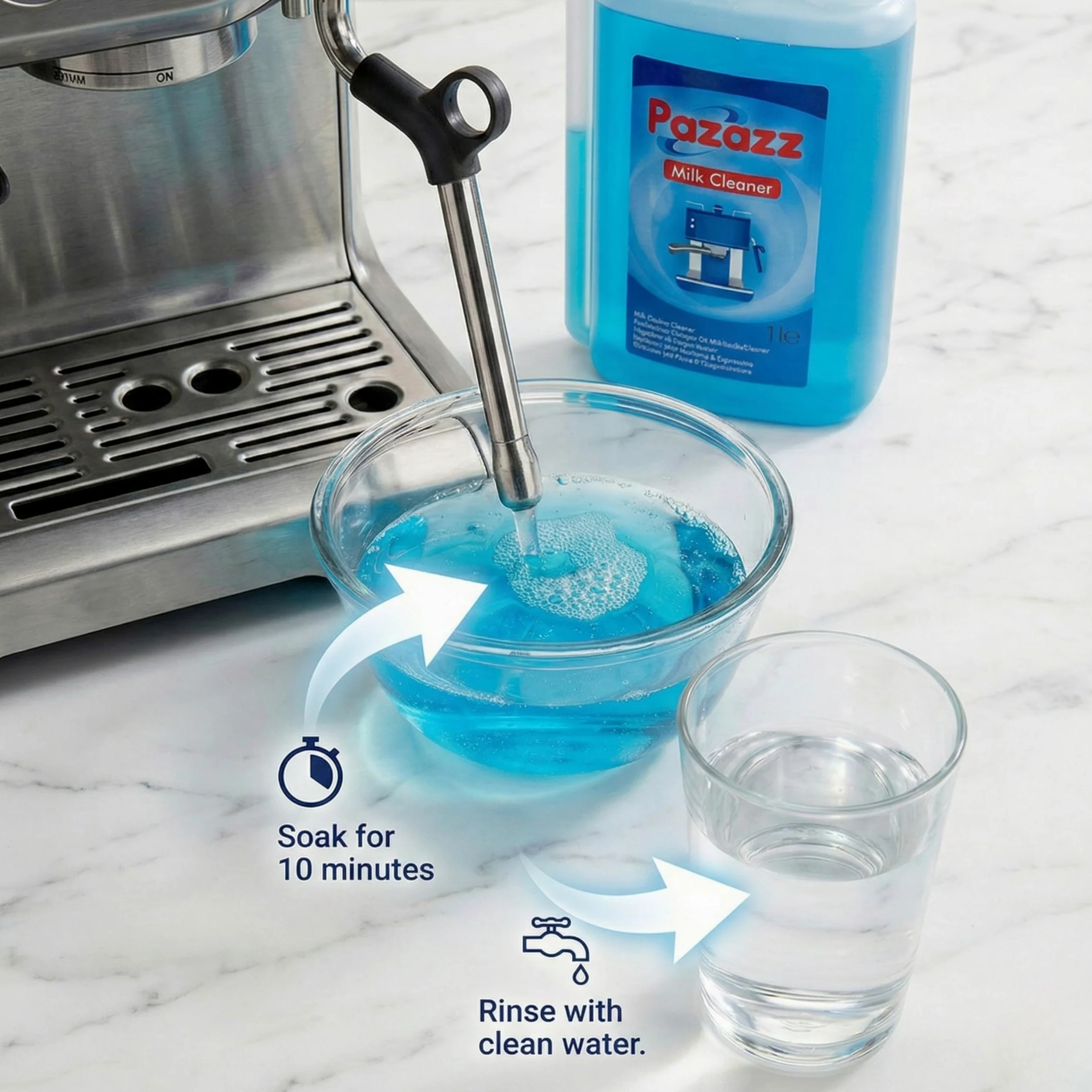 PAZAZZ Detergente per Montalatte – Liquido per Macchine da Caffè ed Espresso – Rimuove i Residui di Latte – Uso Domestico e Professionale – 1000ml – Confezione da 12