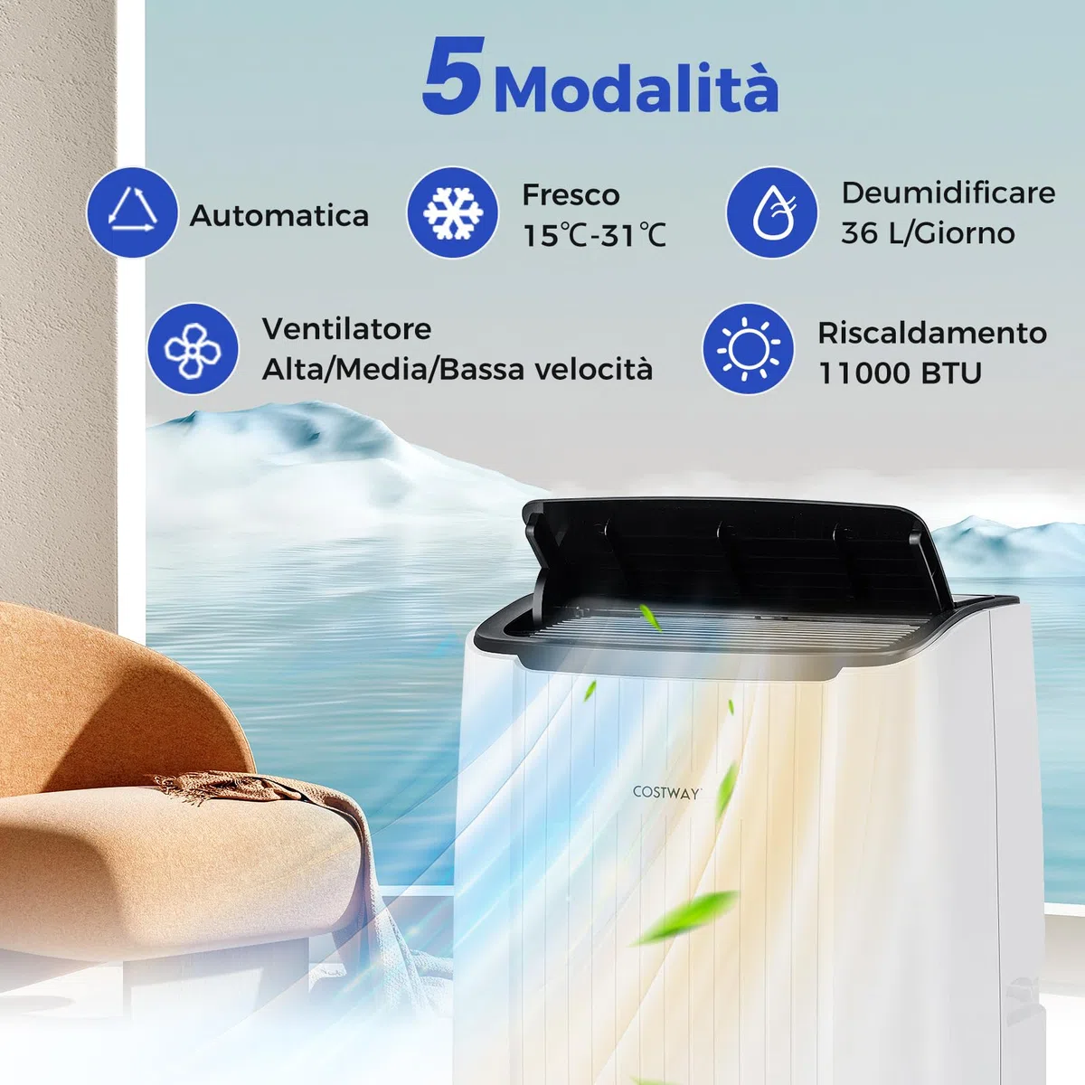 COSTWAY Condizionatore Portatile Caldo e Freddo, 14000BTU/4kW, 6 in 1 Con Raffreddamento, Riscaldamento, Ventola, Deumidificazione, Modalità Notturna e WiFi, 24H Timer, R290 (14000, BTU)