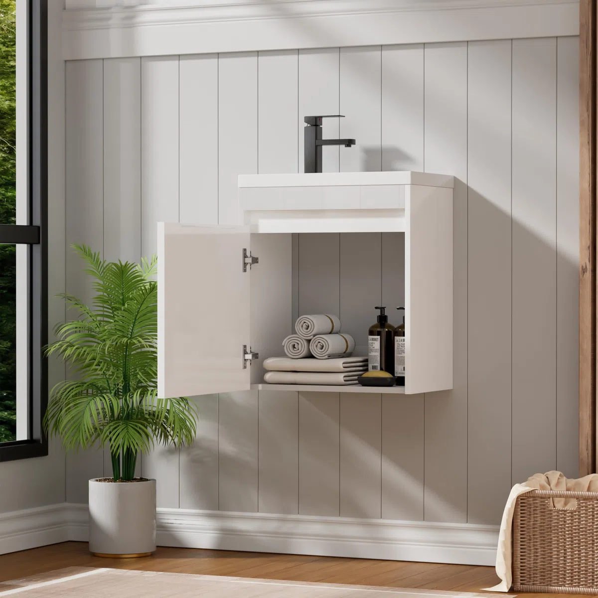 UEV Mobile da Bagno Sospeso 50 cm con Lavabo in Resina, 3-in-1 Set Arredo Bagno con Rubinetto Efficiente, Scarico POP-UP, Mobiletto con Ampio Spazio di Archiviazione