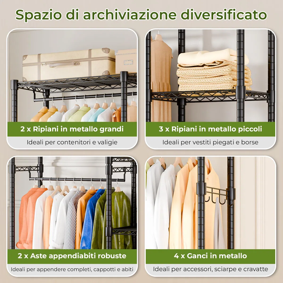 Himimi Appendiabiti stabile, aperto con doppio appendiabiti e 5 ripiani regolabili in altezza, in metallo, per camera da letto, corridoio, 114 x 44 x 195 cm, nero