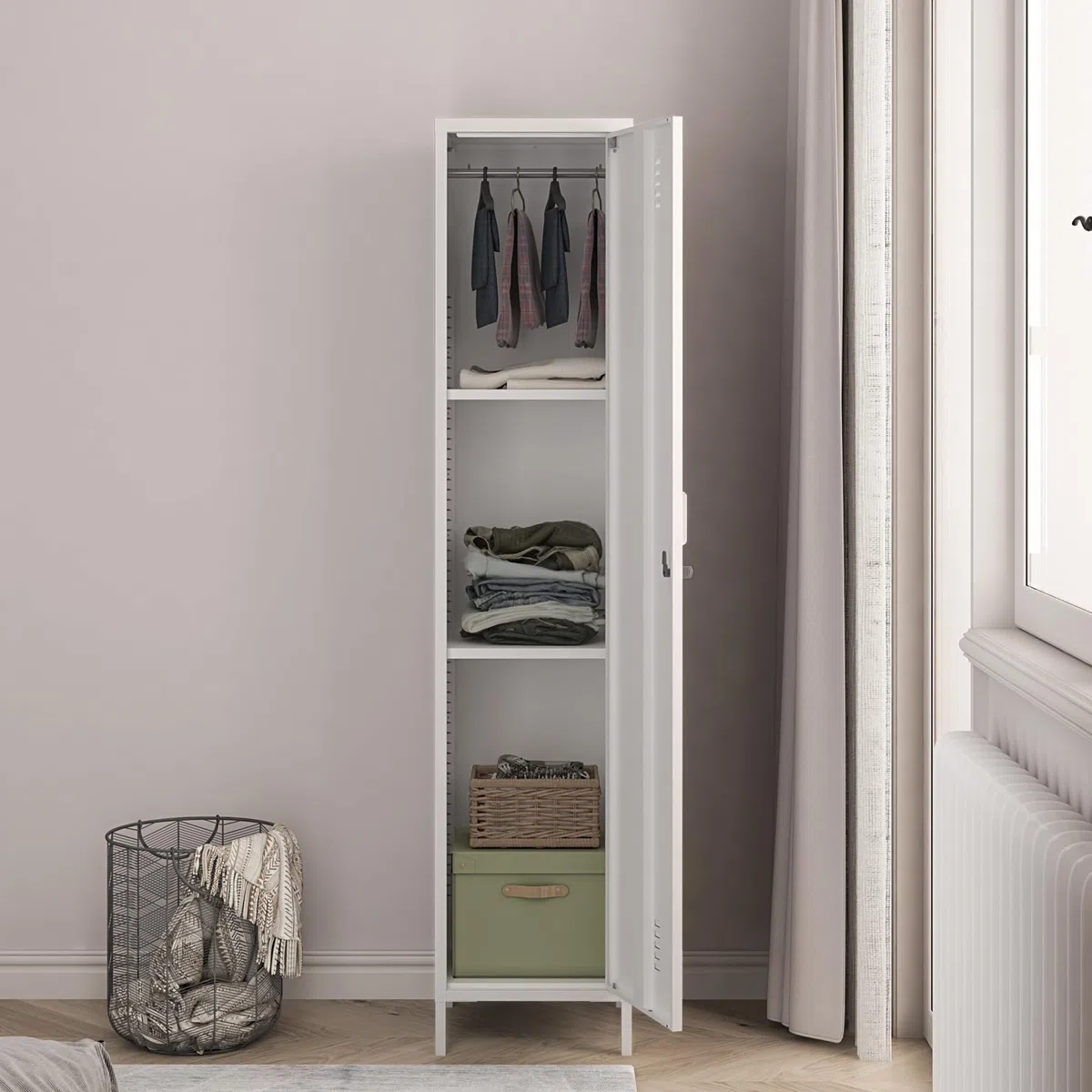 [en.casa] Armadio da Ufficio con Anta e Serratura Ripiani ad Altezza Regolabile Mobile in Acciaio da Spogliatoio con 3 Scomparti e Barra Porta Abiti 180 x 38 x 38 cm - Bianco