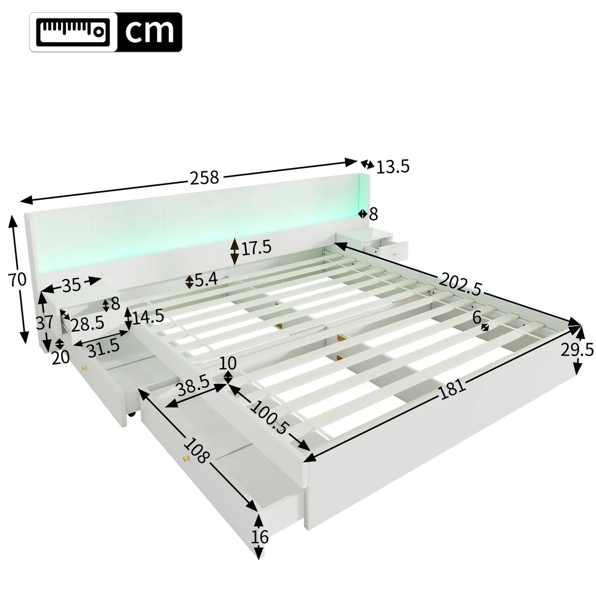 Letto 180x200 con contenitore, letto in legno con contenitore con 2 cassetti, testiera con comodino, LE/D e US/B, letto matrimoniale moderno con rete a doghe, bianco