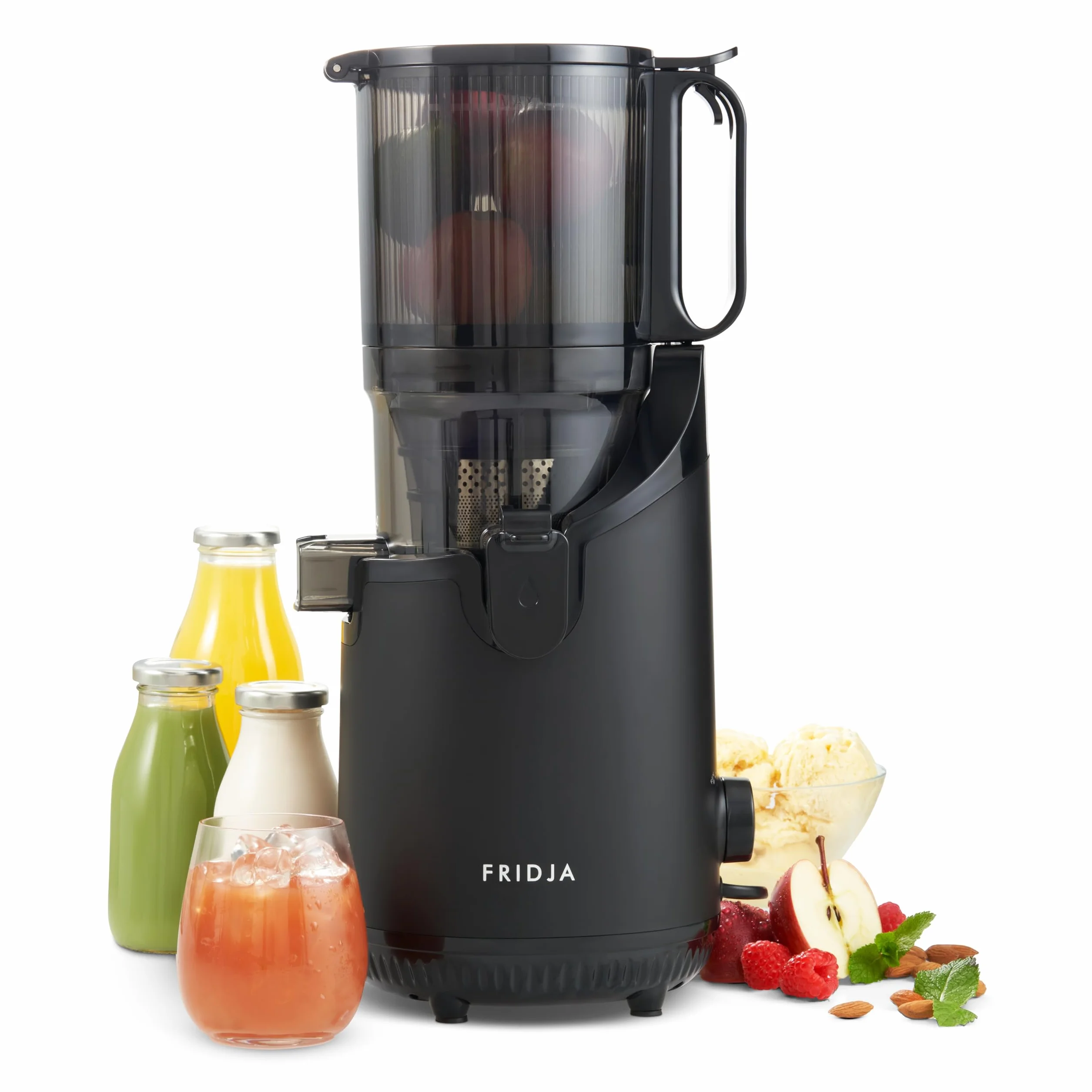 Fridja f2500 Estrattore di Succo ad Alimentazione Automatica | Bocca di Carico 135mm Frutta Intera | Estrattore a Freddo 250W | Alta Resa | Facile da Pulire | Senza BPA | Nero Opaco