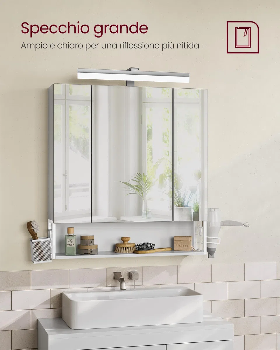 VASAGLE Mobile da Bagno con Illuminazione LED, 16,5 x 70 x 75 cm, Cestino Sospeso, Supporto per Asciugacapelli, per Lavabo, Bianco Nuvola BBK126W01
