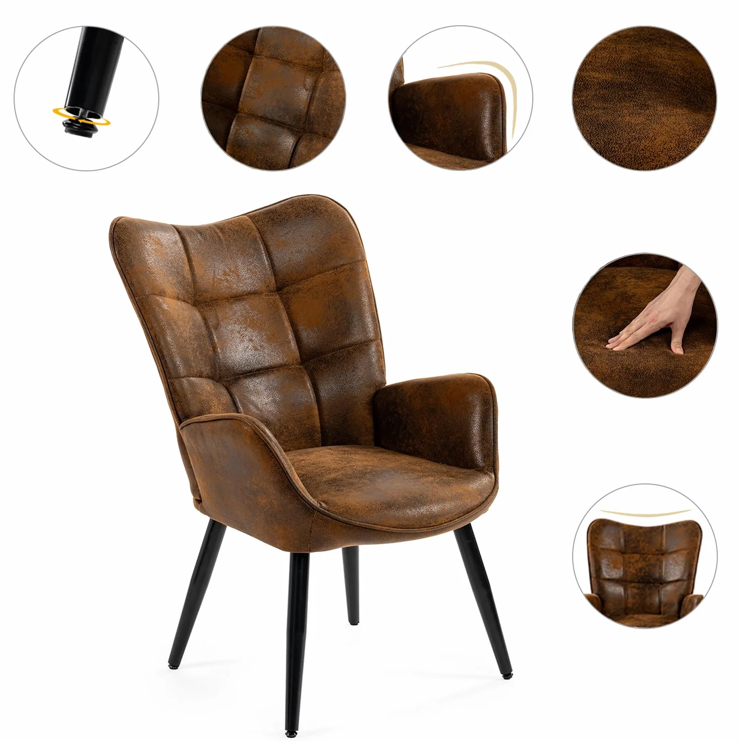 MEUBLE COSY Poltrona Imbottita Sedia da Salotto con Braccioli Poltroncina Relax con Schienale Alto e Cuscino Spesso Gambe in Metallo per Camera da Letto Soggiorno in Pelle Scamosciata Marrone