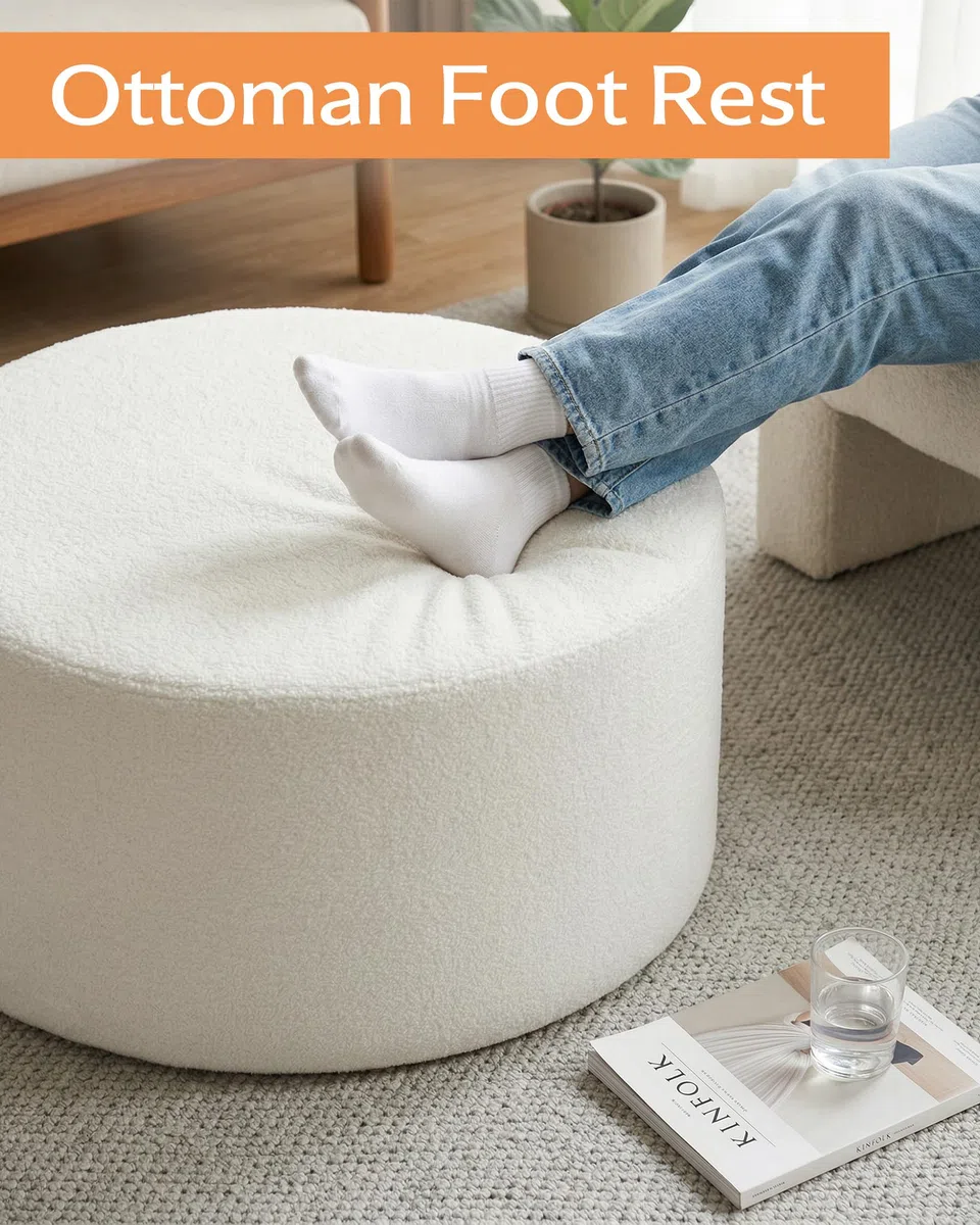 Pouf Poggiapiedi Divano Morbido Grande Pouf Rotondo 70cm in Tessuto Teddy Beige, Puff Poltrona per Camera da Letto, Seduta da Pavimento Moderna Poggia Piedi Imbottito 70x70x40cm