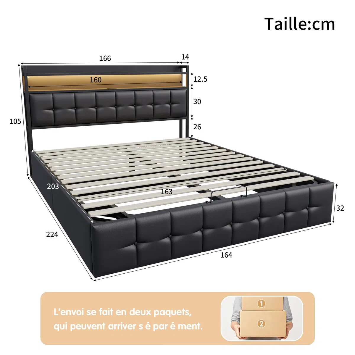 KeepGoon letto matrimoniale con contenitore 160 x 200 cm, letto imbottito con rete a doghe, testiera a LED con funzione USB, letto funzionale, in pelle nera, barra di pressione dell'aria