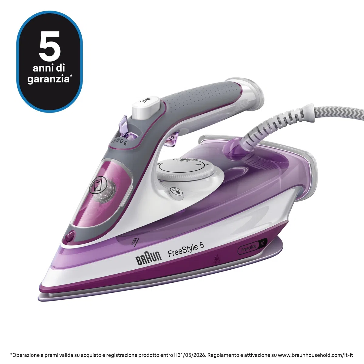 Braun TexStyle 5 SI5037VI, Ferro da Stiro con Piastra FreeGlide 3D SuperCeramic, Punta di Precisione, Manico Aperto Ergonomico, Ricarica 300ml, Efficienza Energetica, Sistema Antigoccia, 2700W, Viola