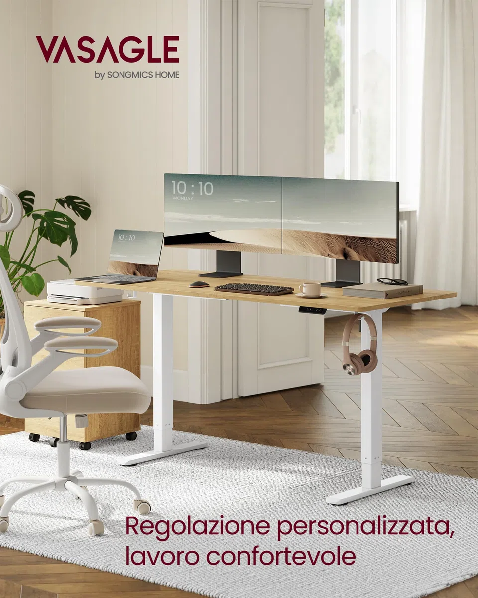 VASAGLE Scrivania Regolabile in Altezza Elettrica, Struttura per Scrivania, Supporto per Tavolo Senza Piano, con 2 Ganci, Funzione Memory con 3 Altezze, Acciaio, Bianco Opaco LSD021W01V2
