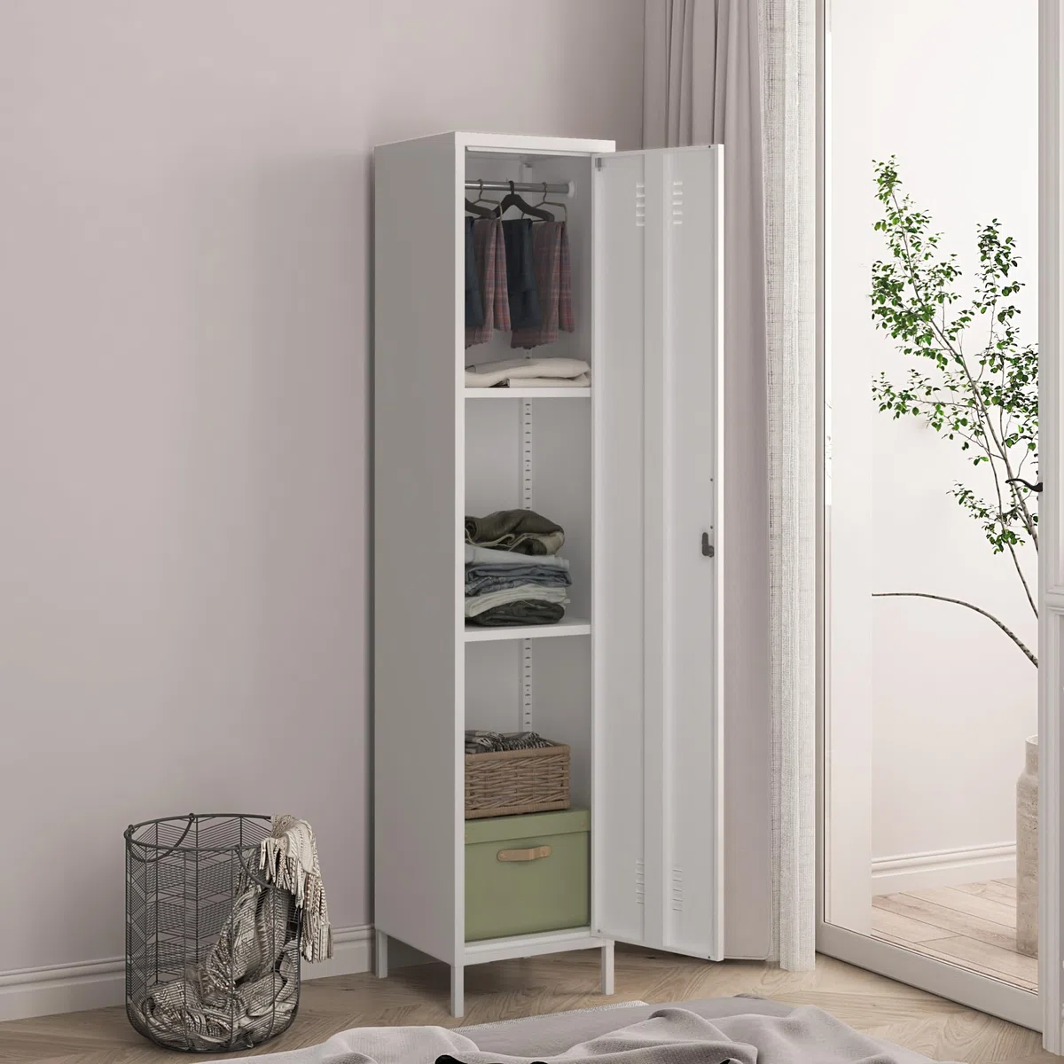 [en.casa] Armadio da Ufficio con Anta e Serratura Ripiani ad Altezza Regolabile Mobile in Acciaio da Spogliatoio con 3 Scomparti e Barra Porta Abiti 180 x 38 x 38 cm - Bianco