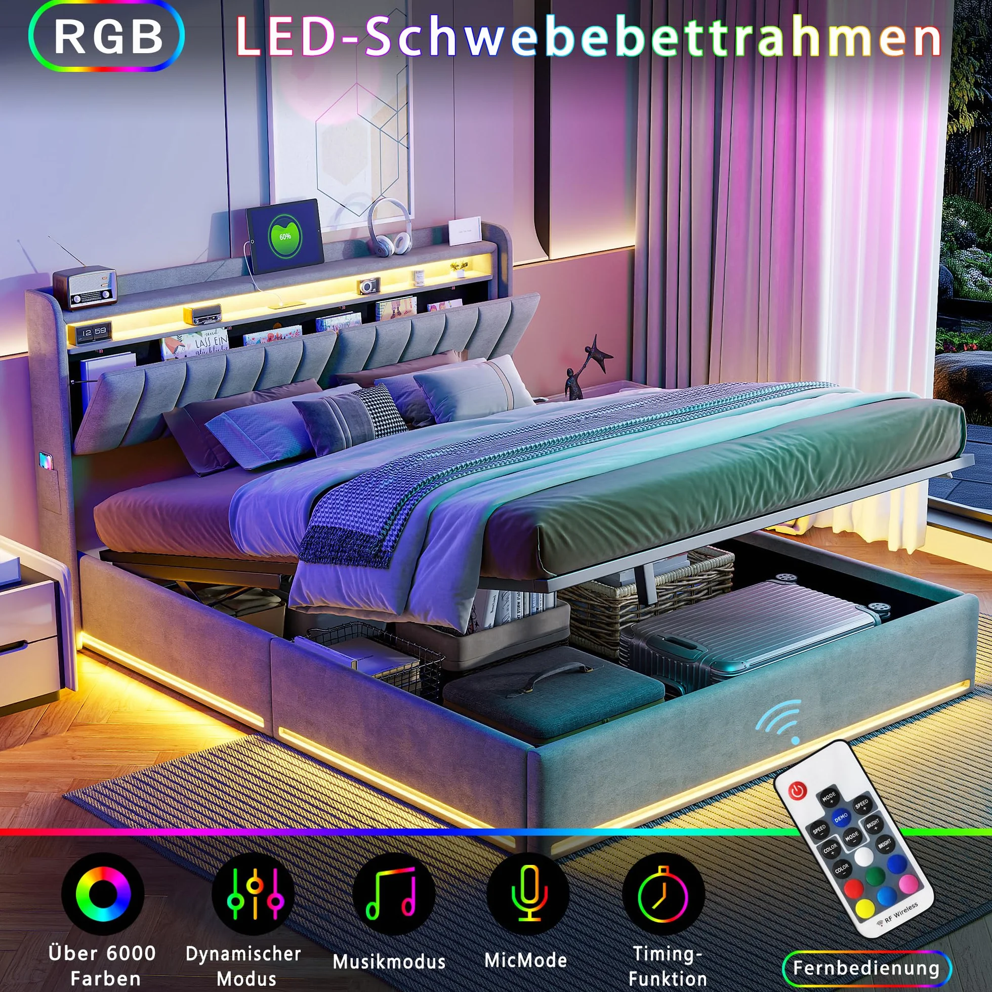 Letto Contenitore Matrimoniale 160x200 cm, Letto con Spazio Idraulico, Testiera Multifunzione con Portaoggetti, Ricarica USB A+C e Luci LED RGB, Velluto, Grigio, Senza materasso