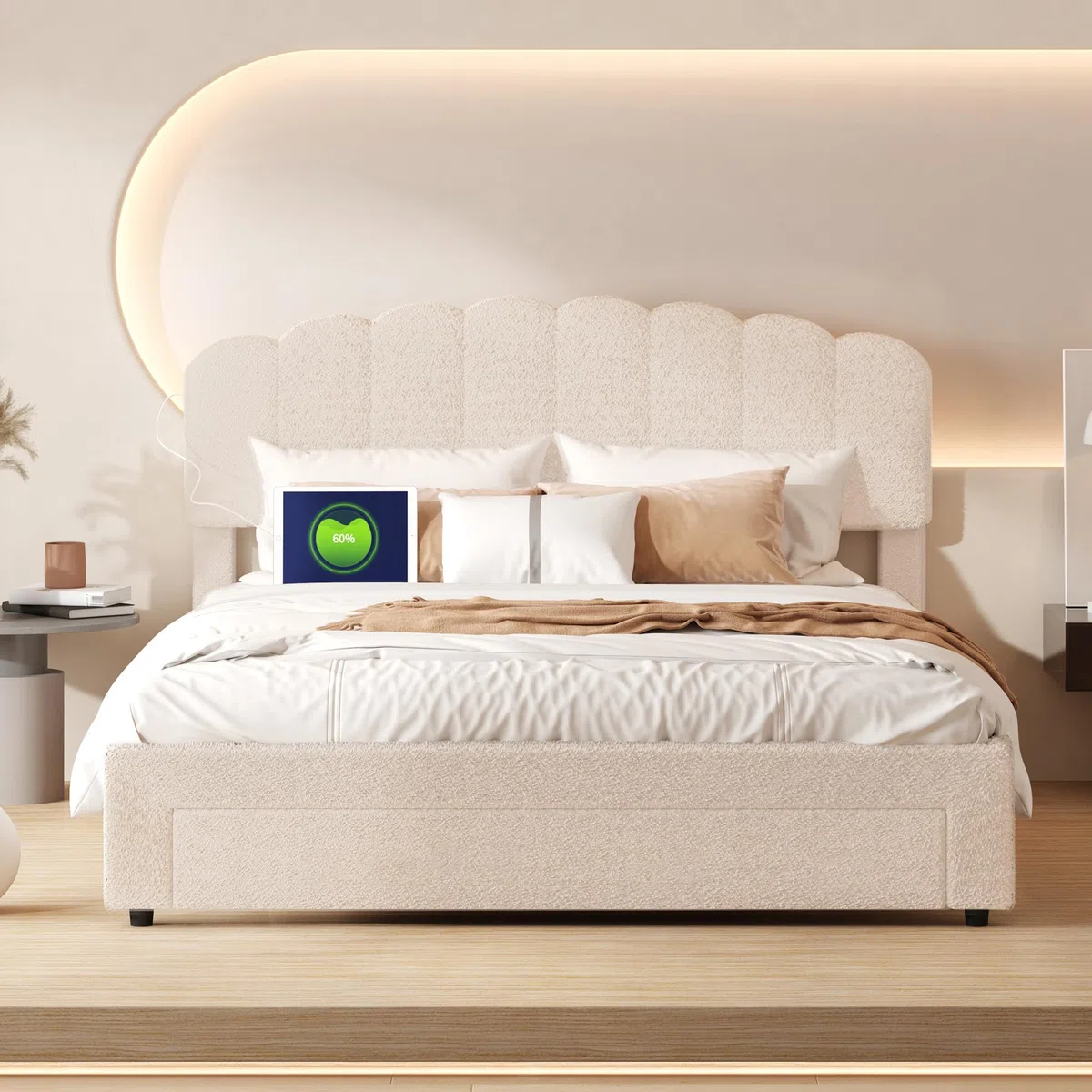 Letto imbottito 140 x 200 cm, letto matrimoniale con 1 cassetto e rete a doghe, testiera regolabile in altezza con funzione di ricarica USB-C – Letto per riporre lo schienale del letto, Teddy