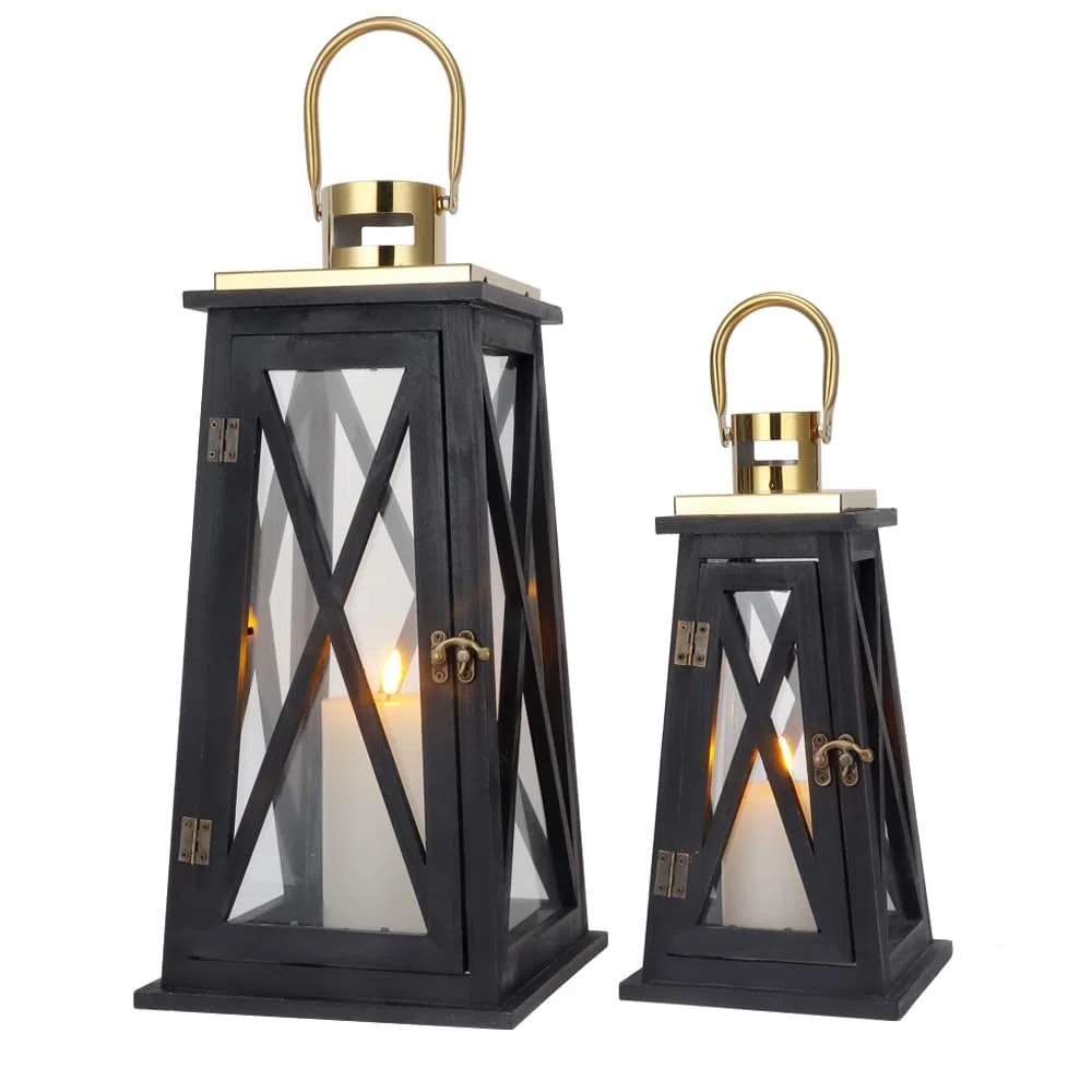 TRIROCKS Set di 2 Lanterne in Legno Stile Rustico 55 cm & 40 cm Alte, Portacandele Decorativi con Vetro Temperato per Decorazioni Casa, Natale, Matrimonio, Esterni (Trapezoidale Nera)