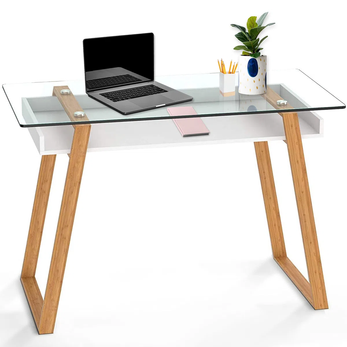 bonVIVO Scrivania Piccola Salvaspazio Stabile, Tavolino PC in Vetro Temperato e Legno con Ripiano, Scrivania Moderna per Casa e Ufficio, Scrittoio Design per Studio e Soggiorno