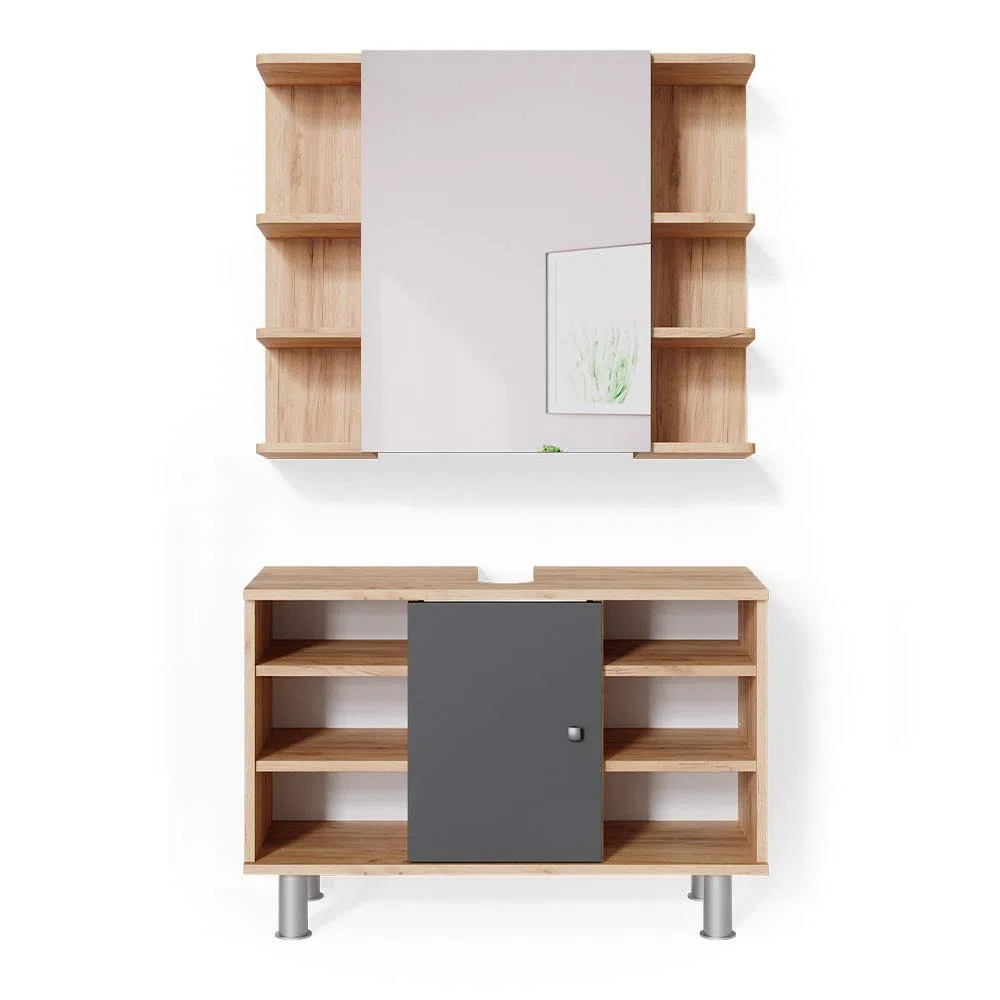 Vicco Set mobili bagno Fynn, Rovere dorato, 60 cm, composto da specchio da bagno e mobile sottolavabo
