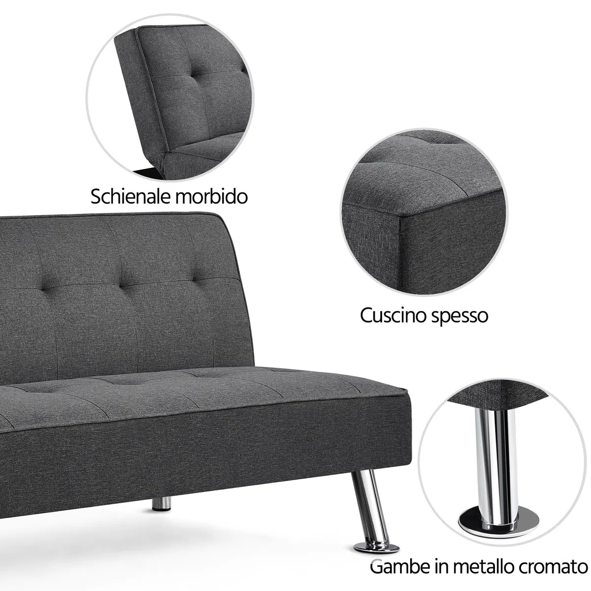 Yaheetech Divano Letto Divano Trasformabile in Letto Mobile Imbottito a 3 Posti Divanetto Reclinabile con Gambe in Metallo da Salotto Camera degli Ospiti Grigio Scuro
