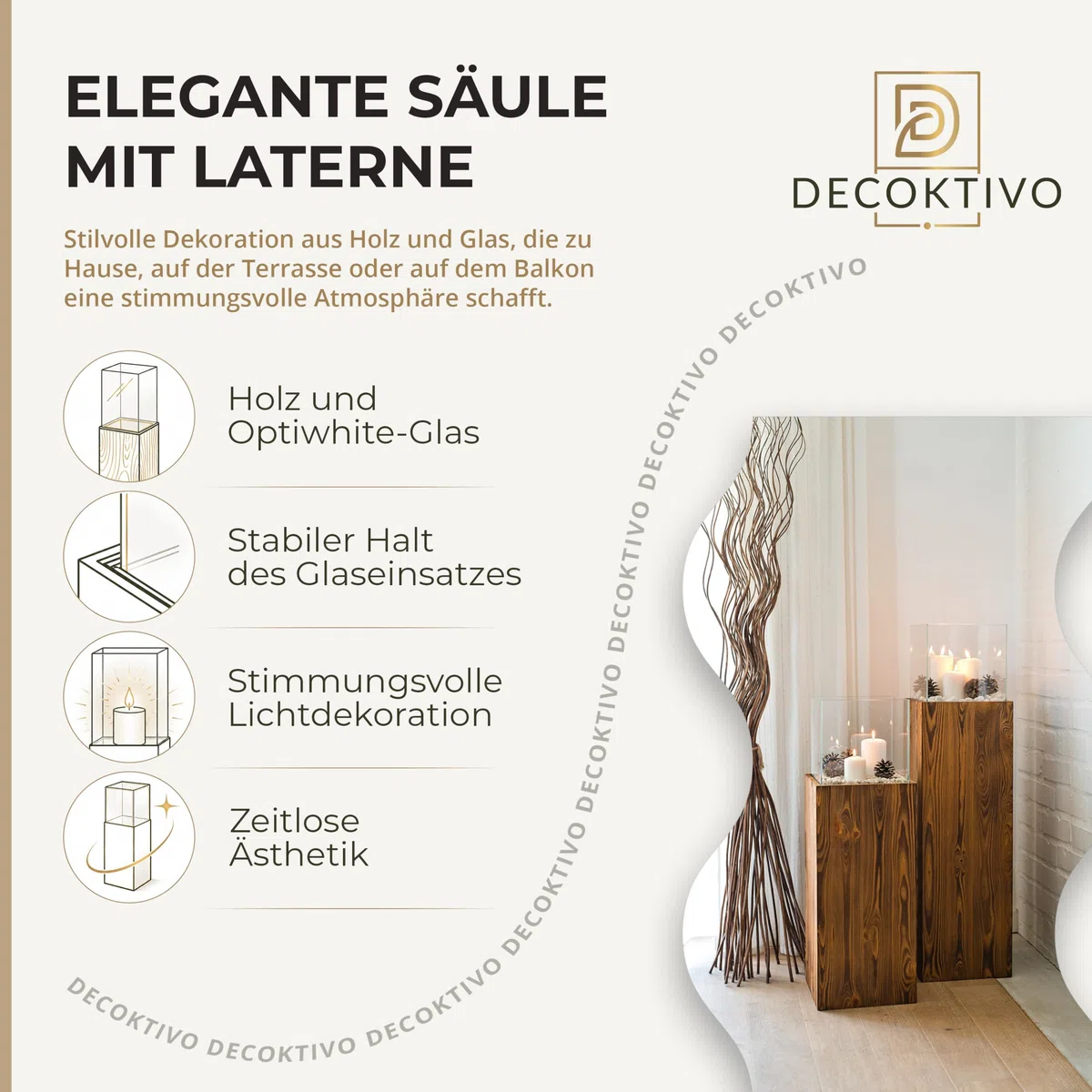 Colonna portacandela in legno e vetro, lanterna decorativa da pavimento, portacandela design per soggiorno, balcone e terrazza, finitura noce, altezza 80 cm